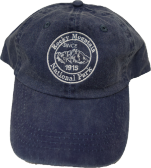 A blue Rocky Mountain National Park hat with a white logo on it.