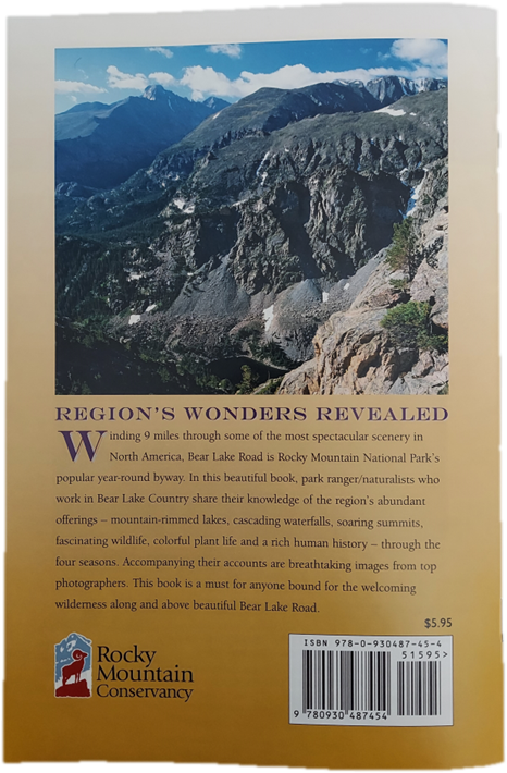Back cover of "The Best of Bear Lake Country: A Rocky Mountain National Park Insider’s Guide" travel guide featuring a scenic mountain landscape, with a text blurb and barcode.