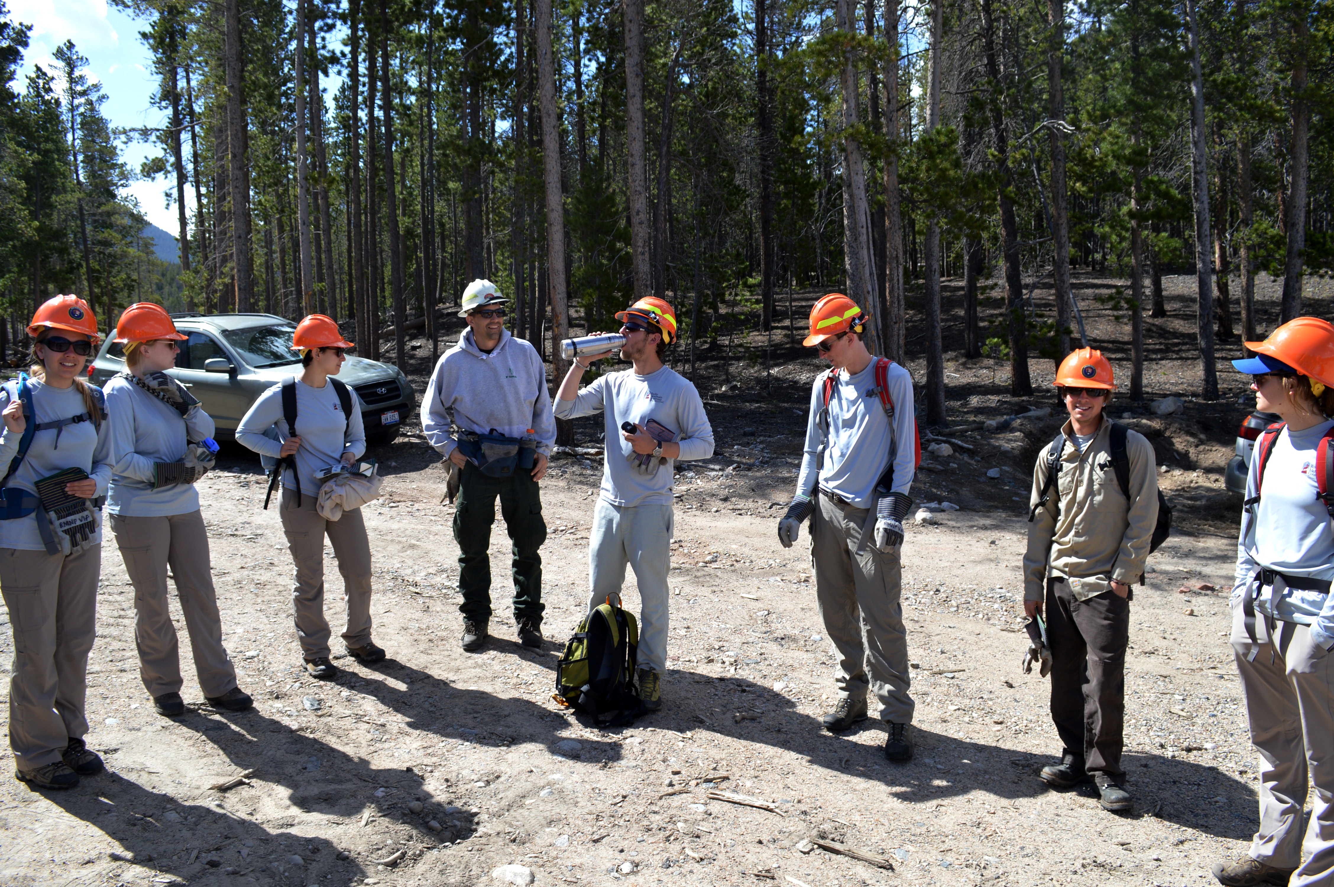 Group of workers wearing orange hats preparing for a trip into the field