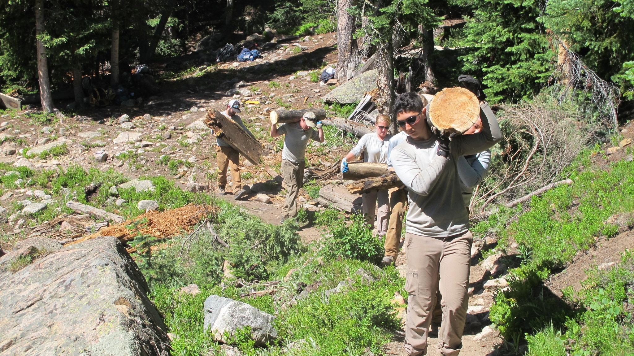 Crew members hiking some cut wood up trail. 