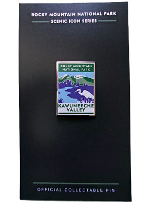 The Pin - RMNP Kawuneeche Valley is part of the Scenic Icon Series, showcasing iconic Kawuneeche Valley scenery in Rocky Mountain National Park on a black background card.