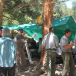 A group of people standing under a tarp in a wooded area.