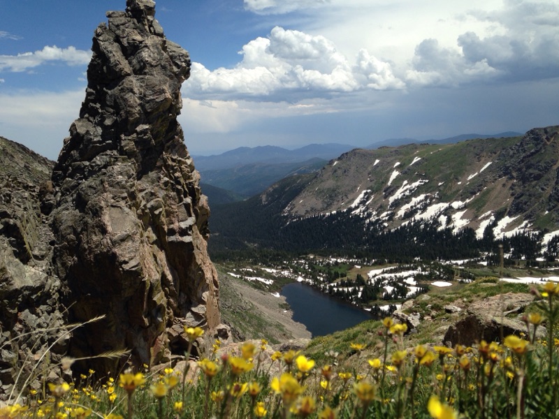 Rocky outcrop overlooking a mountain landscape with a lake