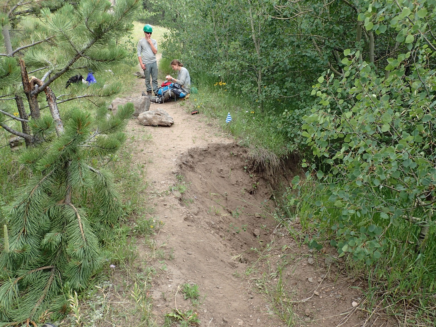 Two people resting beside a dirt trail in a forested area