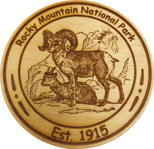 The Rocky Mountain National Park logo is shown on a Bighorn Sheep Wooden Magnet.