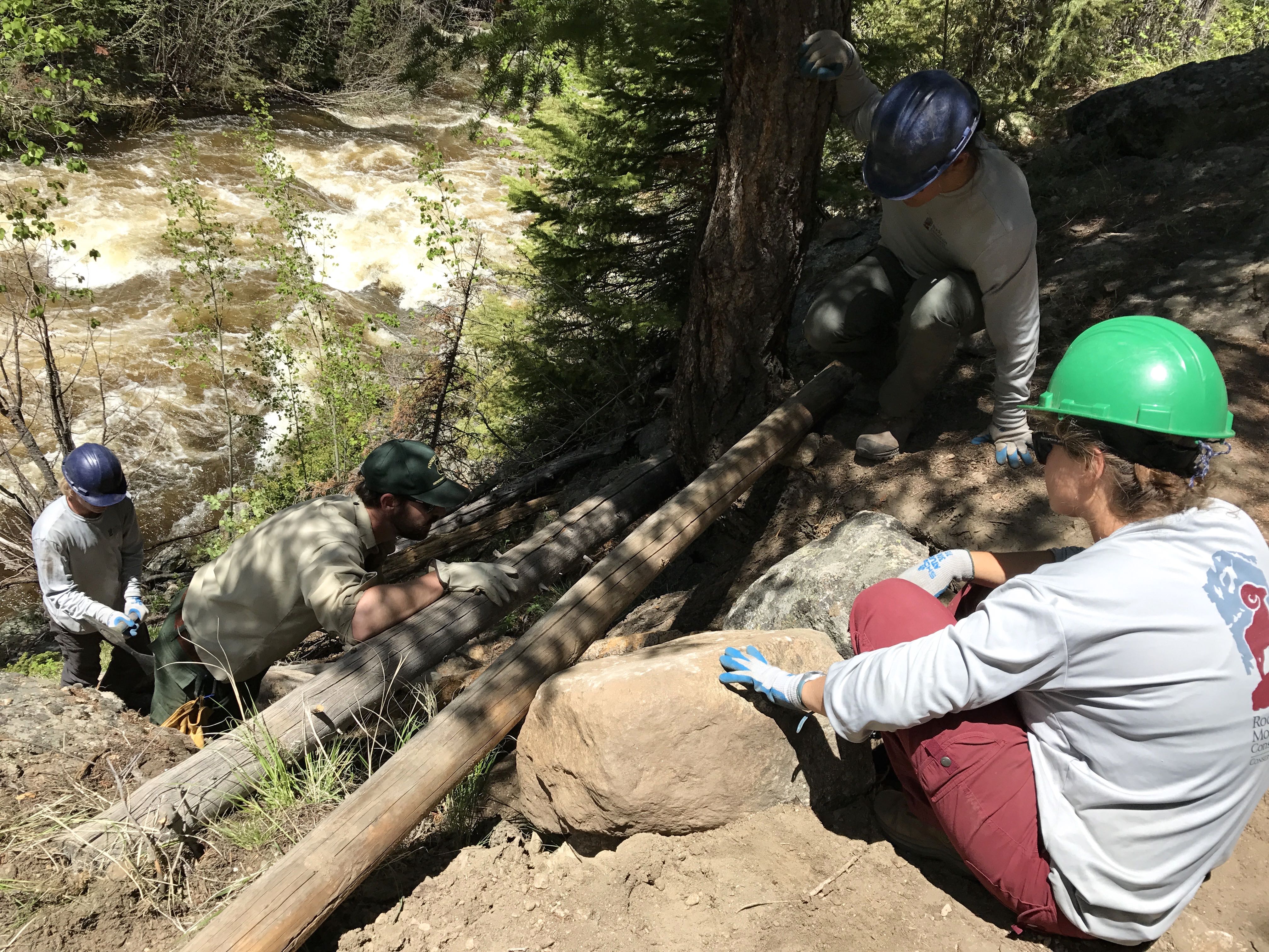 Four people collaboratively work to move a large log near a rushing stream