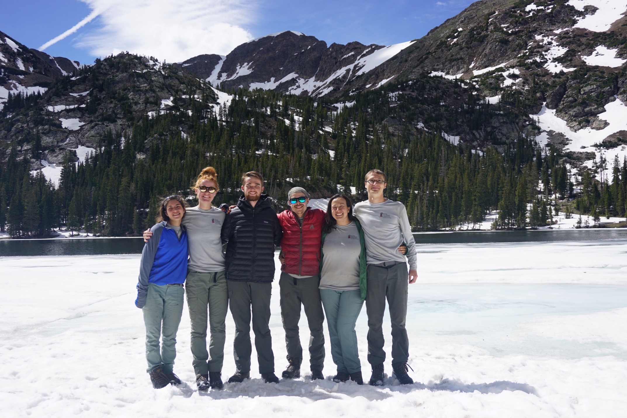 Six friends stand side by side on a snowy lakeshore with a backdrop of forested mountains.