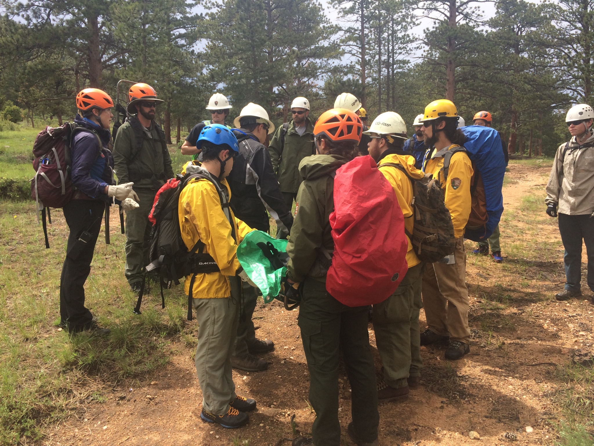 Group of people gathered in a forested area for a group activity or training session.