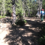 A group of people walking on a dirt trail.