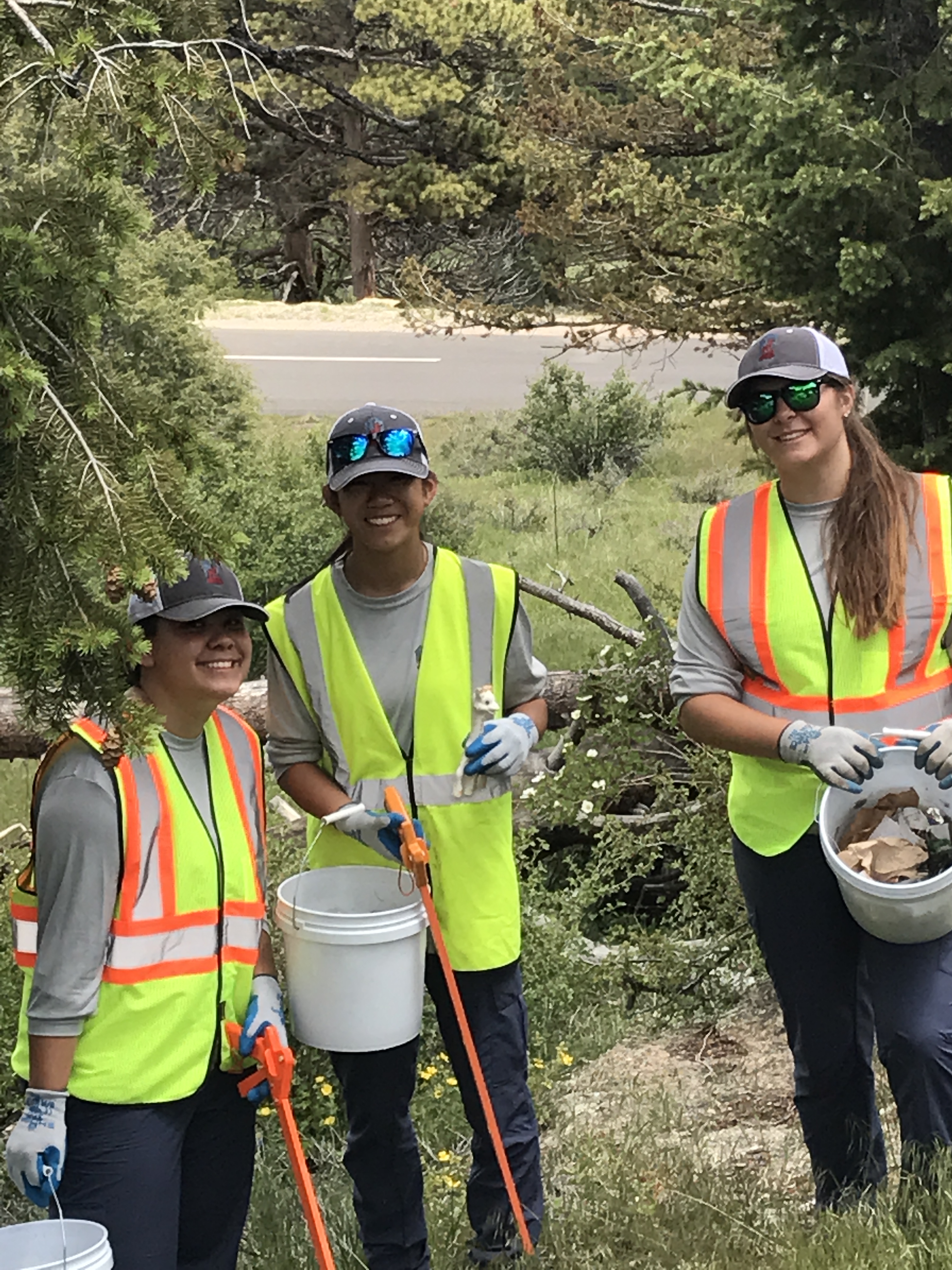 Three volunteers in safety vests and gloves cleaning a park area