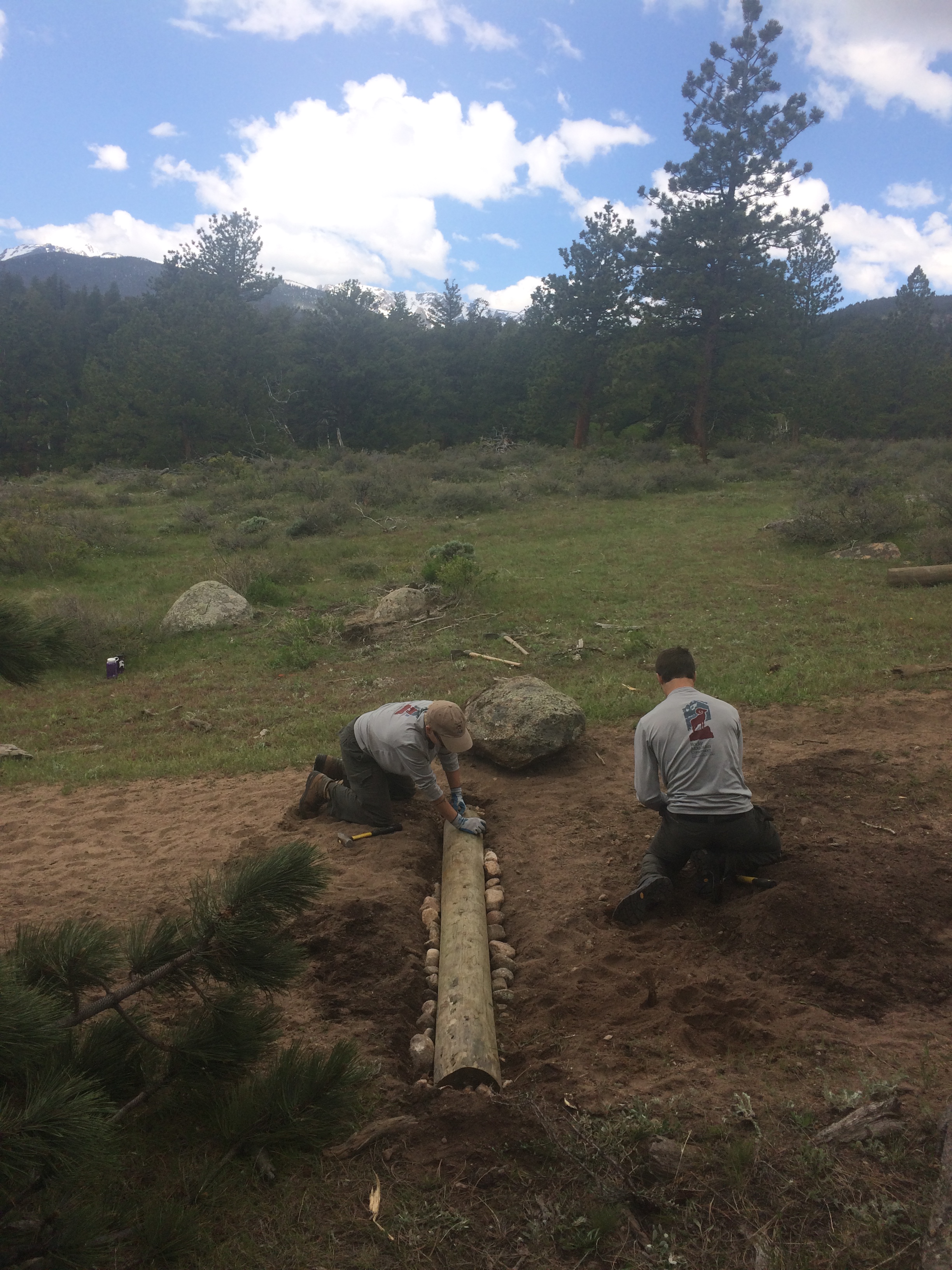 Two people working on a trail construction using logs to stabilize a path.