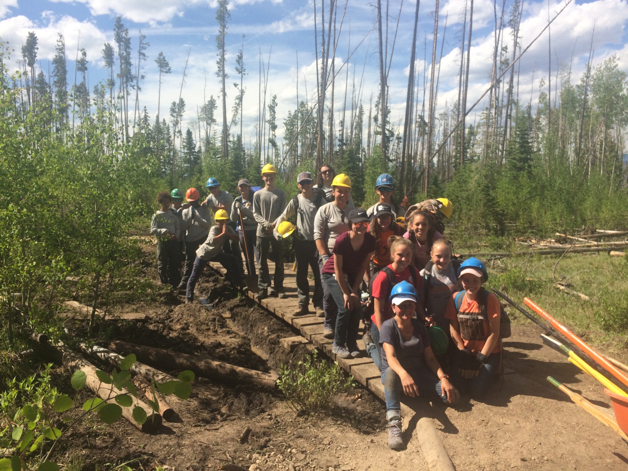 A group of volunteers wearing safety helmets posing in a forest