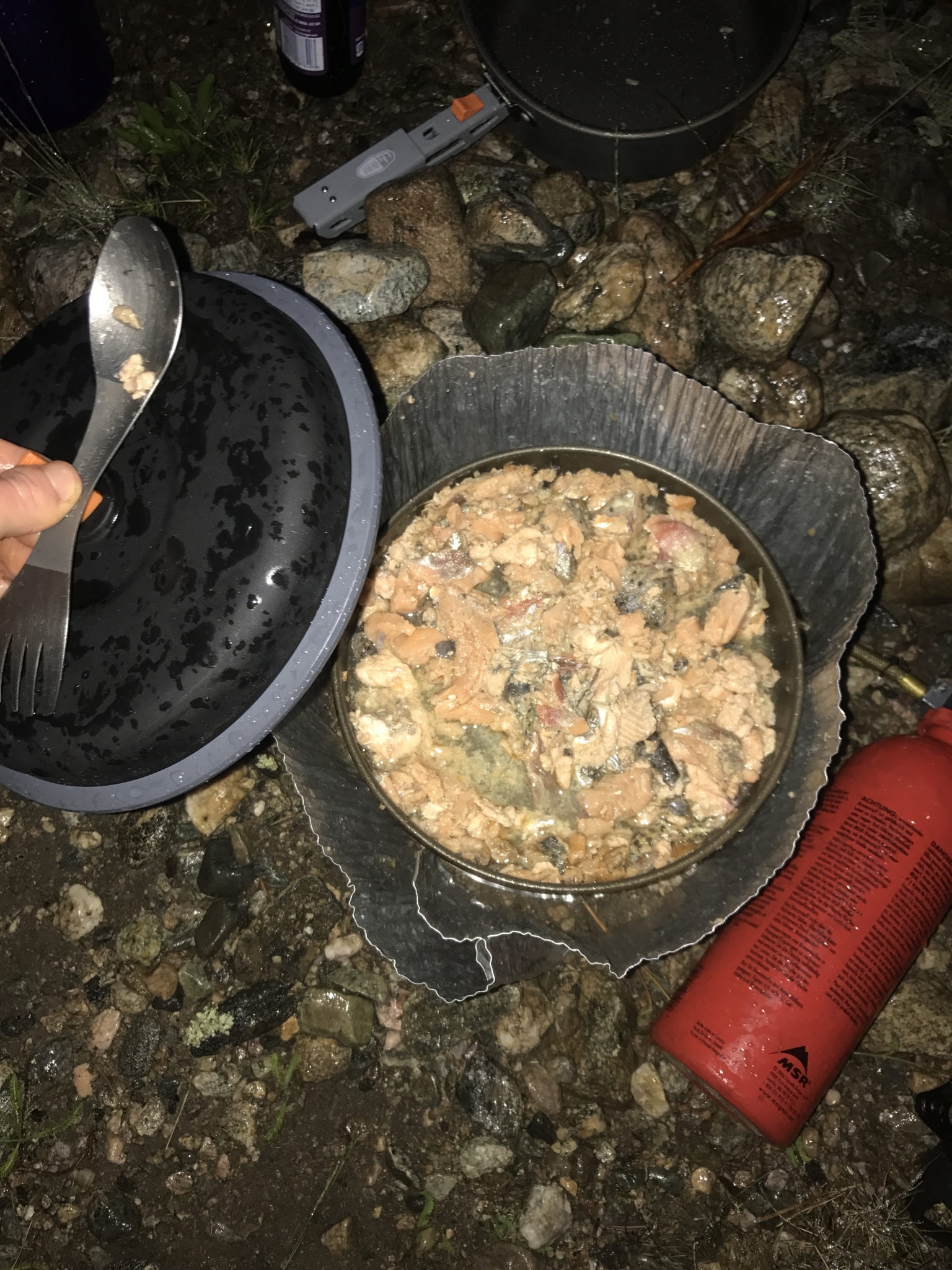 A bowl of cooked food on a rock with a spoon, a frying pan, and a small red gas canister nearby, at night.