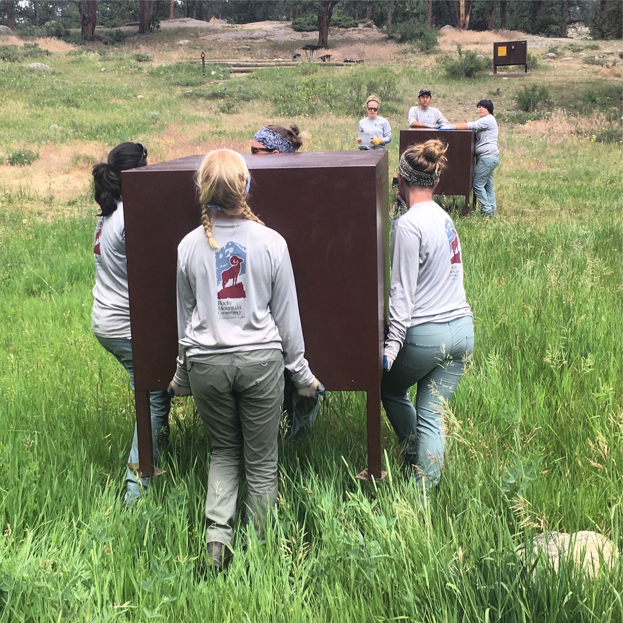 A group of volunteers carrying a large wooden board across a grassy field