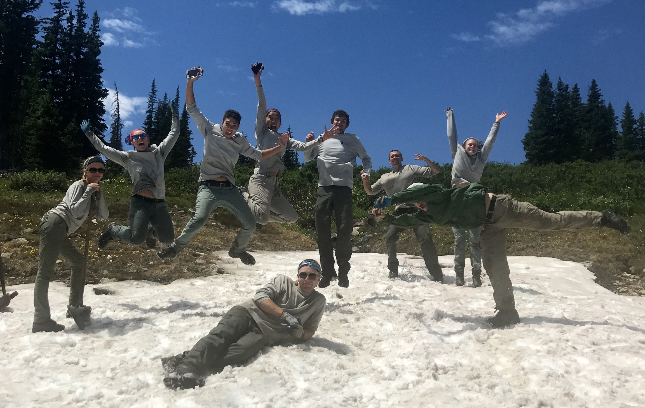 Group of people joyfully jumping and posing on a patch of snow in a sunny mountainous area.