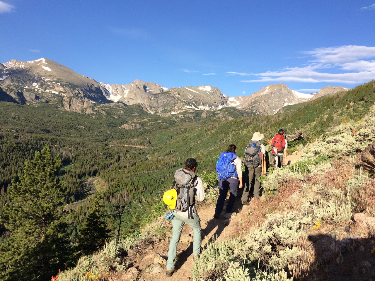 Group of hikers walking on a mountain trail