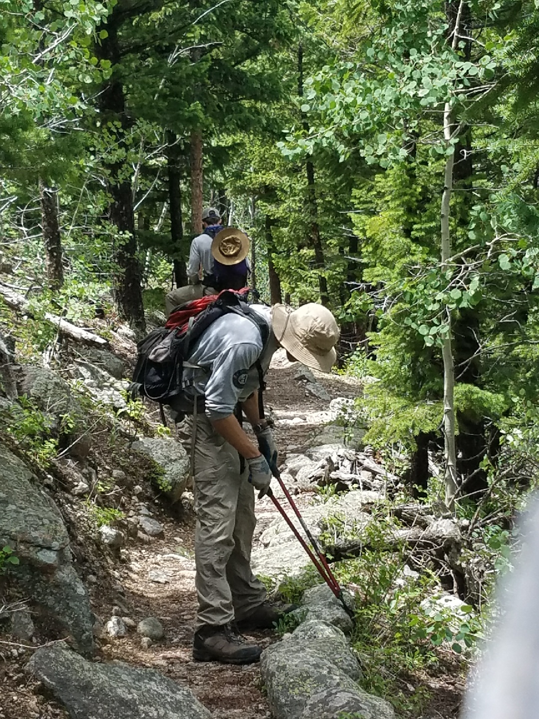 Two hikers cleaning on a rocky forest trail