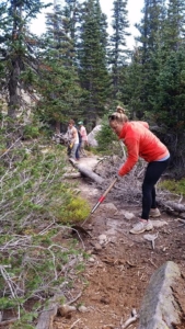 A group of people working on a trail with a shovel.