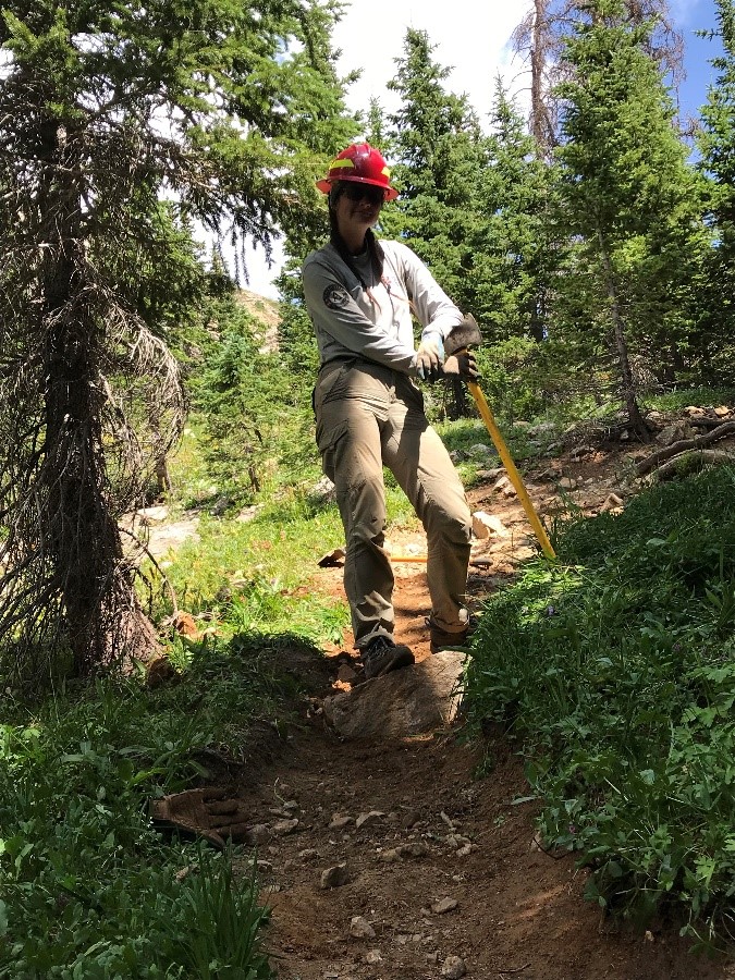 A forest worker standing on a trail with a shovel in a wooded area.