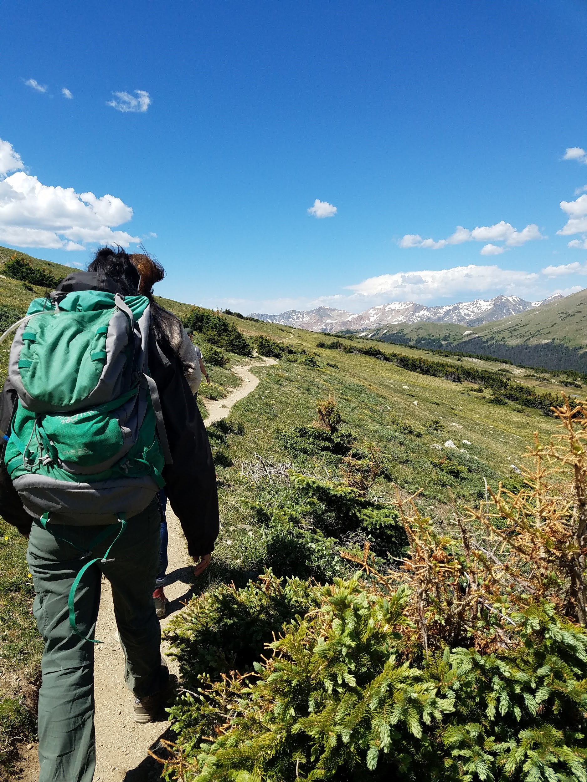 A person with a green backpack hiking on a mountain trail overlooking distant snowy peaks and a clear blue sky.