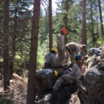 A group of people working on a rock in the woods.