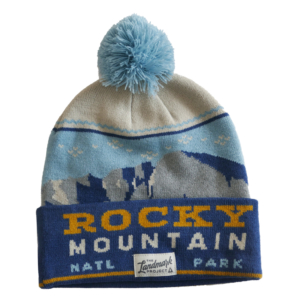 A Hat - Beanie The Landmark Project RMNP with the word rocky mountain on it.