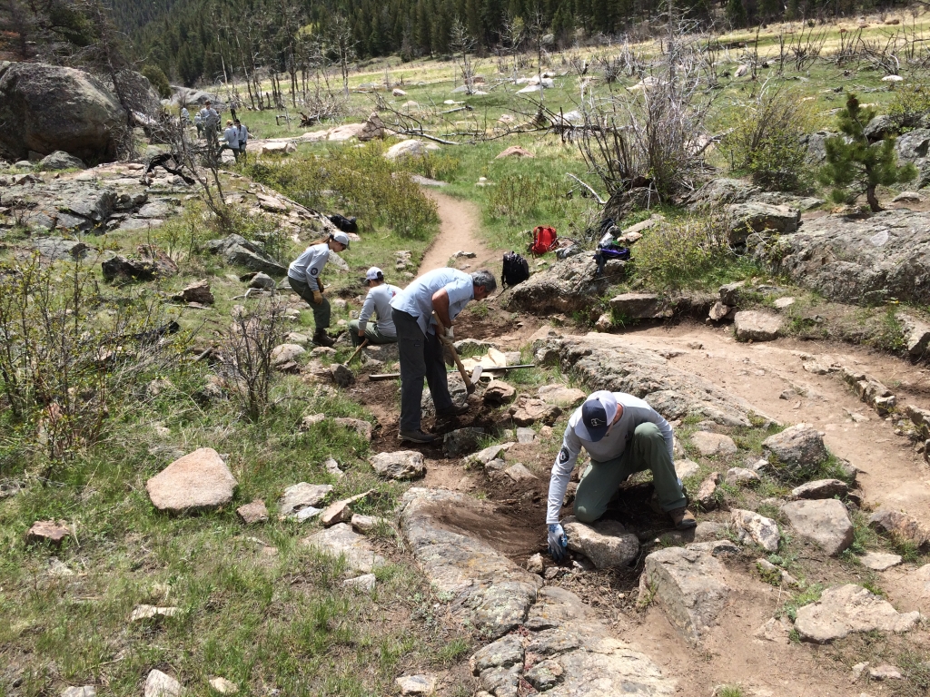 A group of people working on a trail in the mountains.