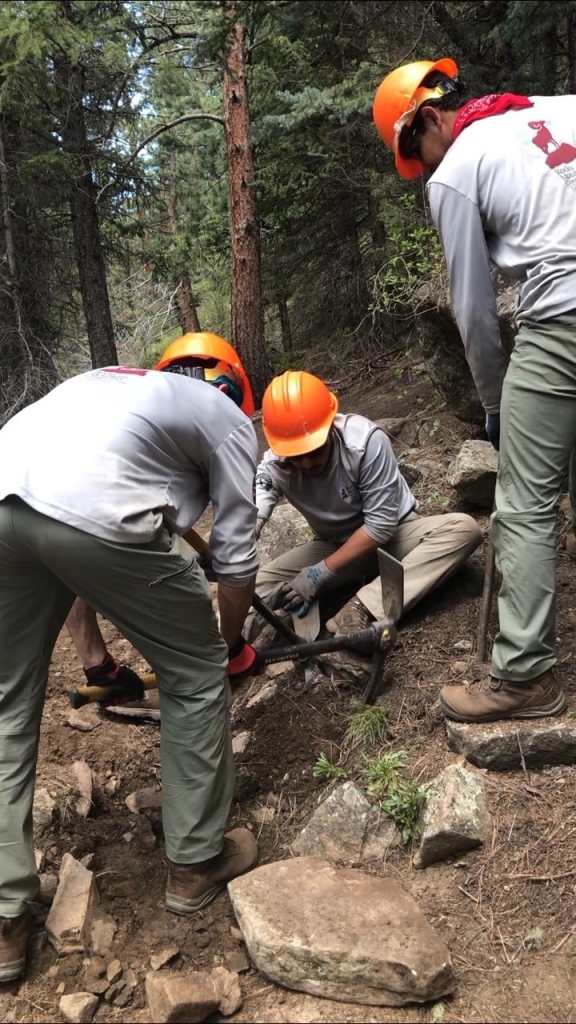 A group of people working on a rock in the woods.