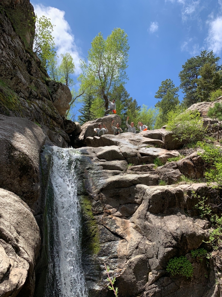 A waterfall on a rocky cliff.