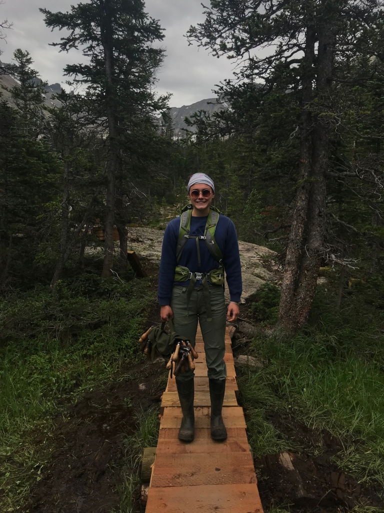 A man standing on a wooden walkway in the woods.