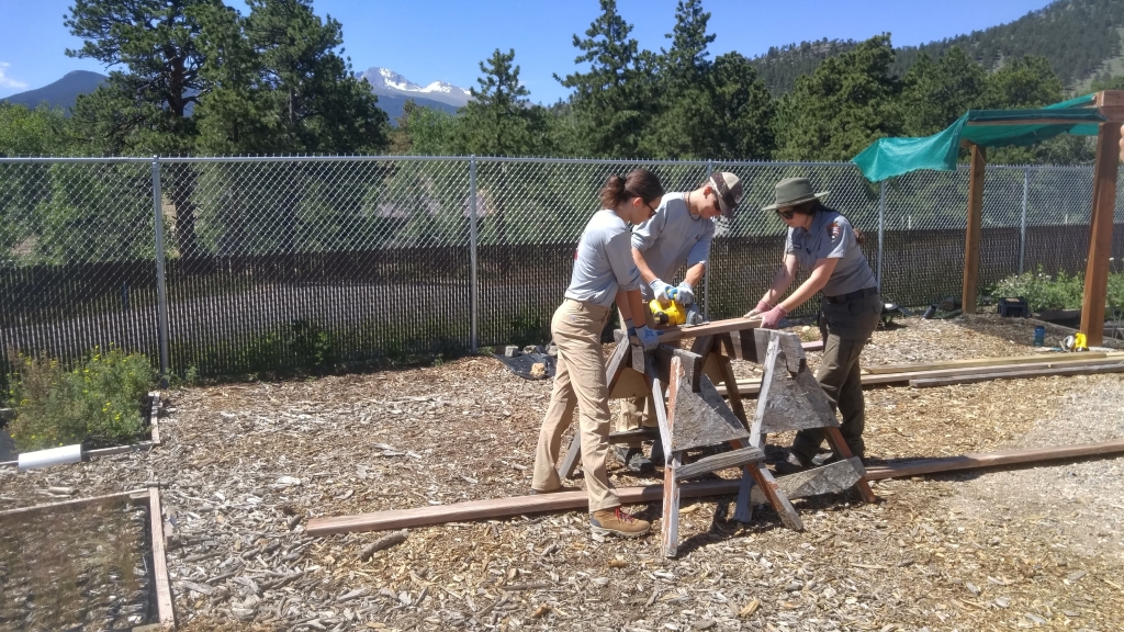 Three people working on a wooden fence in a yard.
