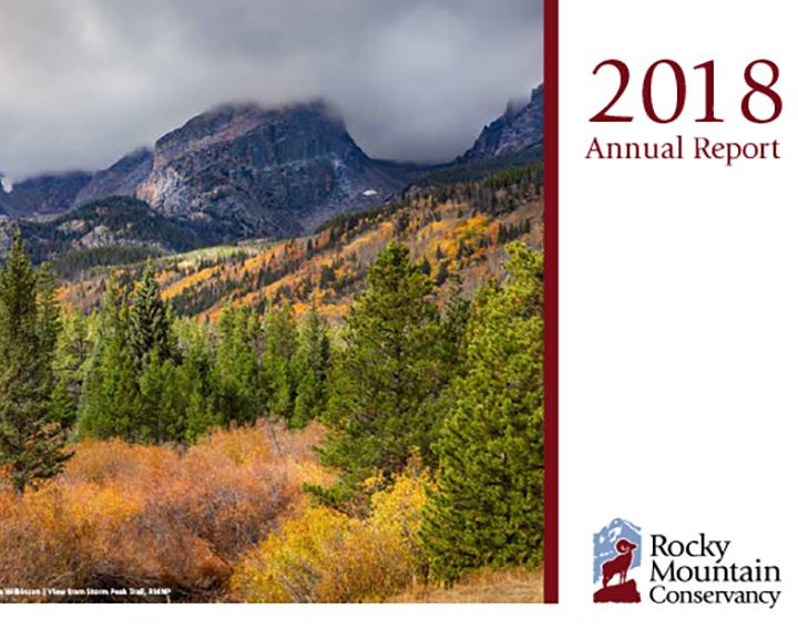 The cover of the 2018 annual report for the rocky mountain conservancy.