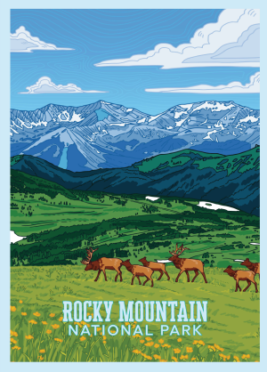 The Poster - RMNP Elk Scene depicts an illustration of Rocky Mountain National Park, showcasing elk walking through a grassy field with snowy mountains in the background and blue skies above.