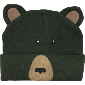 A green Hat - Kids Black Bear Beanie with a bear face on it.