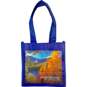 A Rocky Mountain National Park Reusable Tote with an image of the mountains.