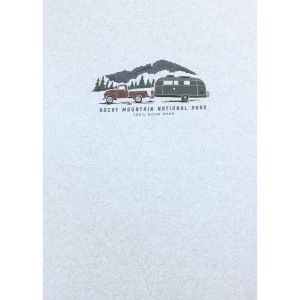 A white card with an image of a RMNP Trail Ridge Road Camper Trailer.