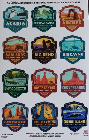 A poster with the Sticker Set - 66 National Park Stickers on it.