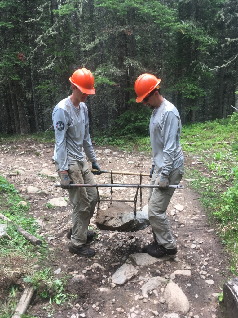 Two forest rangers lift a boulder with a clamping tool