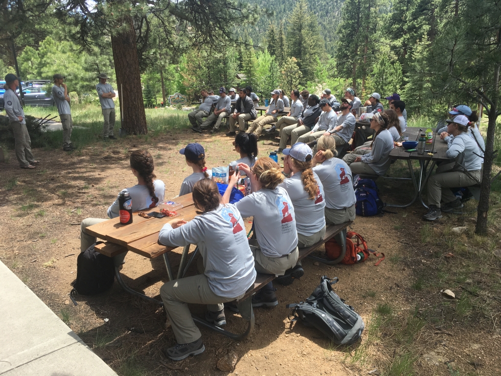 A group of volunteers sitting at picnic tables and on the ground during a briefing.
