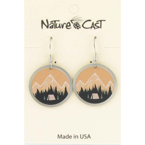 A pair of Nature Cast Mountain Camping Dangle earrings with the words nature cast on them.