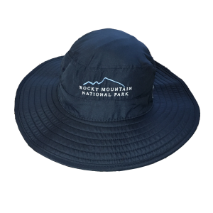 A blue RMNP Bucket with the words mountain national park on it.