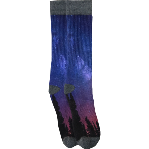 A pair of Night Sky socks with an image of the milky way and trees.