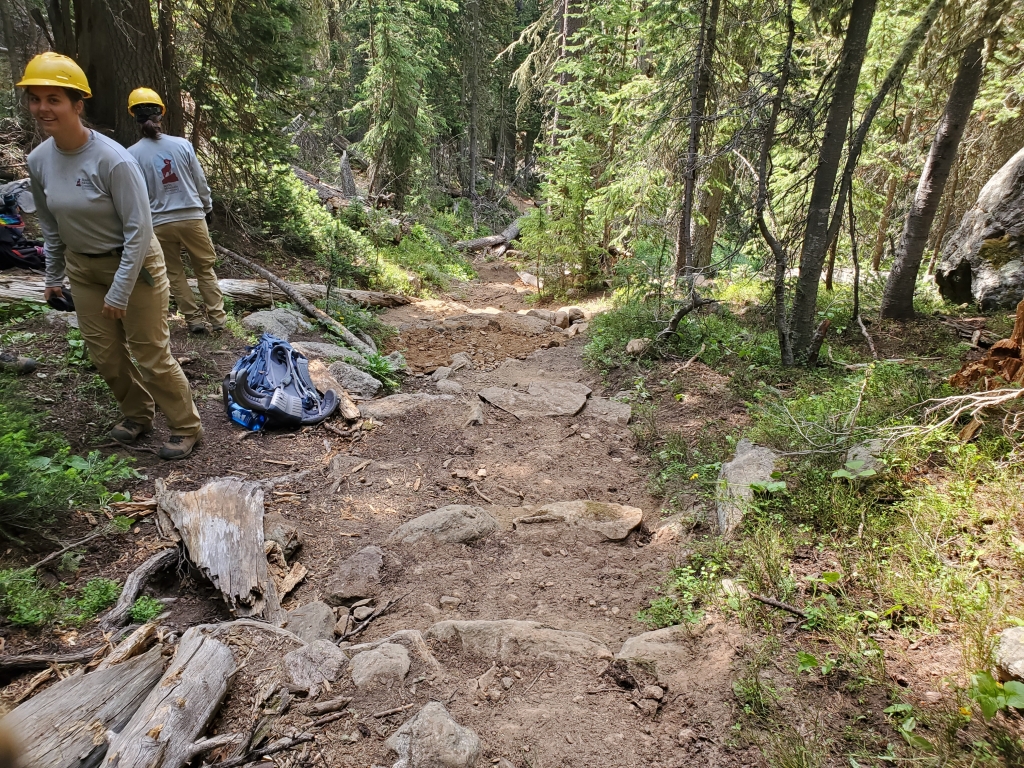 Trail workers in a rocky forest trail.