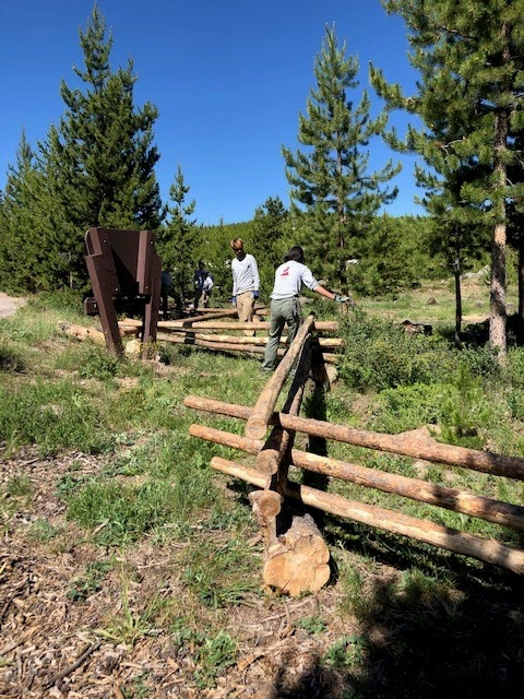 A group of people working on a wooden fence in a wooded area.