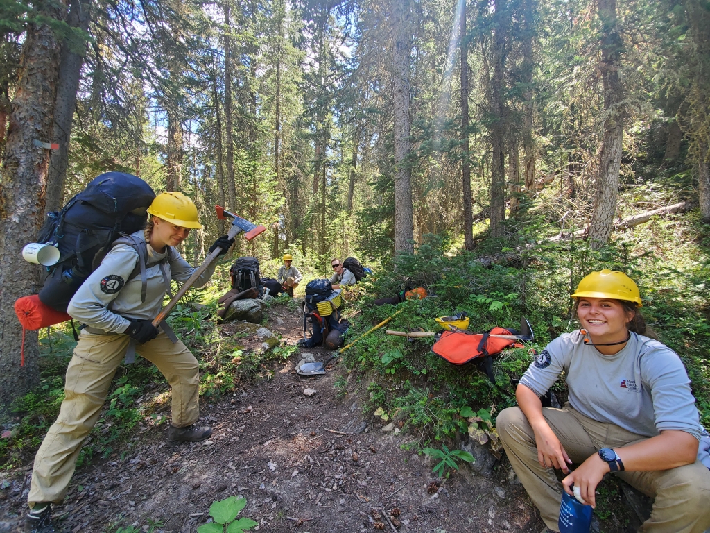 A group of forest workers in safety gear clearing a wooded trail, with one of them posing for the camera.