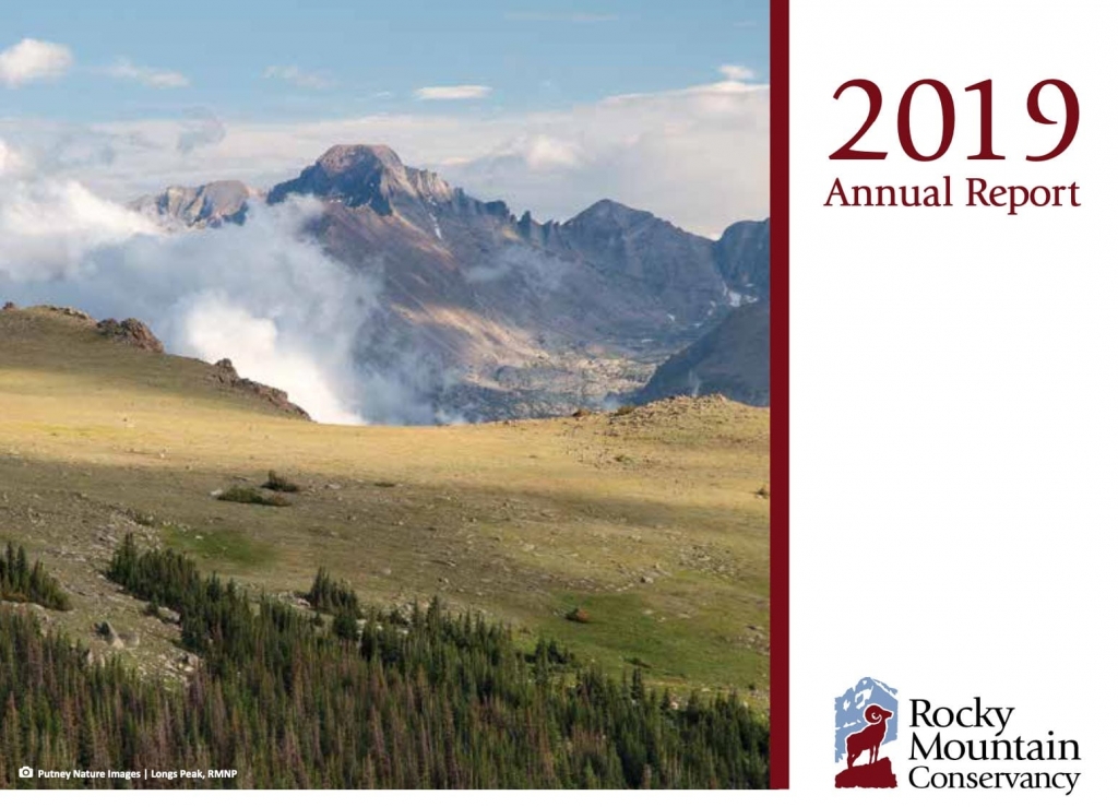 The cover of the 2019 annual report for the rocky mountain conservancy.