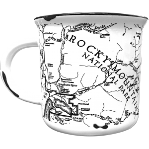 A black and white RMNP Camp mug featuring a map of Rocky Mountain National Park.