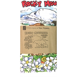 A Tea Towel - RMNP with a drawing of a bear and a map of rocky mountain.