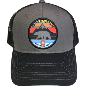 A black trucker hat with a bear on it - Hat - RMNP Colorful Colorado