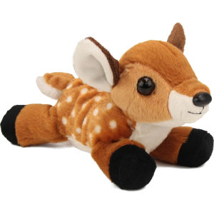 A small plush fawn lying down on a black background.